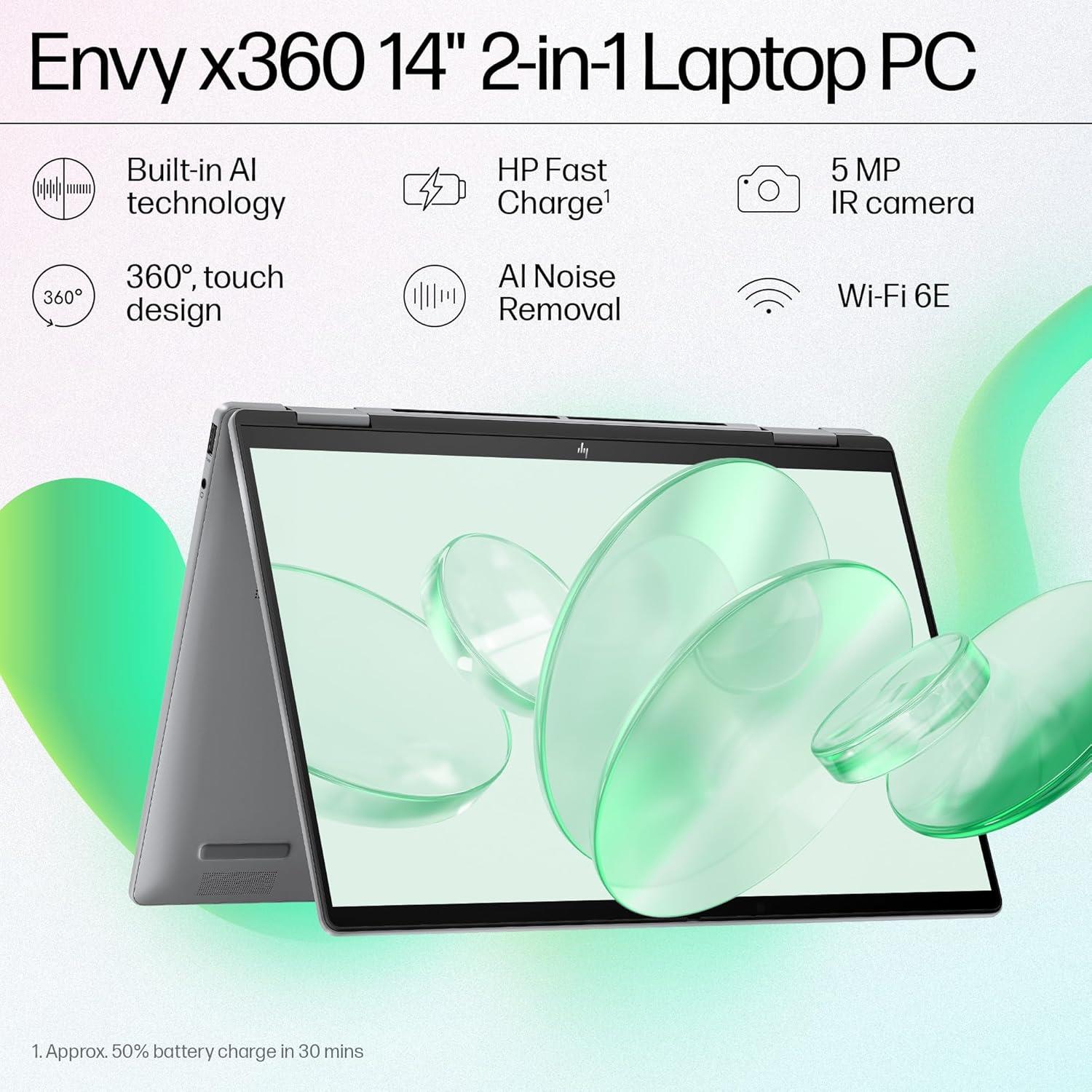HP Envy X360 AI Laptop, Intel Core Ultra 5 125U, 12 Tops, 16GB LPDDR5, 512GB SSD, (Win11, Office21, Grey, 1.39 Kg) Touchscreen, 2K, 14-Inch(35.6Cm), Integrated Graphics, 5MP IR Camera, Fc0105tu