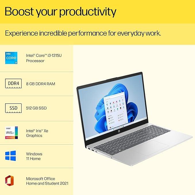 HP Laptop 15,13Th Gen Intel® Core™ I3-1315U,15.6Inch(39.6 Cm),FHD,Anti-Glare,8GB DDR4,512GB SSD,Dual Speakers,Windows 11,MSO 2021,Natural Silver,1.59 Kg,15-Fd0186tu