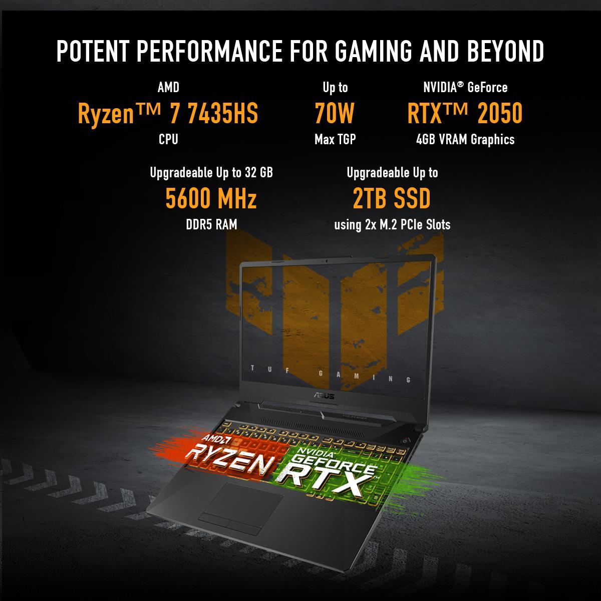 ASUS TUF Gaming A15, Gaming Laptop, AMD Ryzen 7 7435HS, RTX 2050 GPU (16GB/512GB/39.62 Cms (15.6) FHD/Windows 11 Home) FA566NFR-HN259W