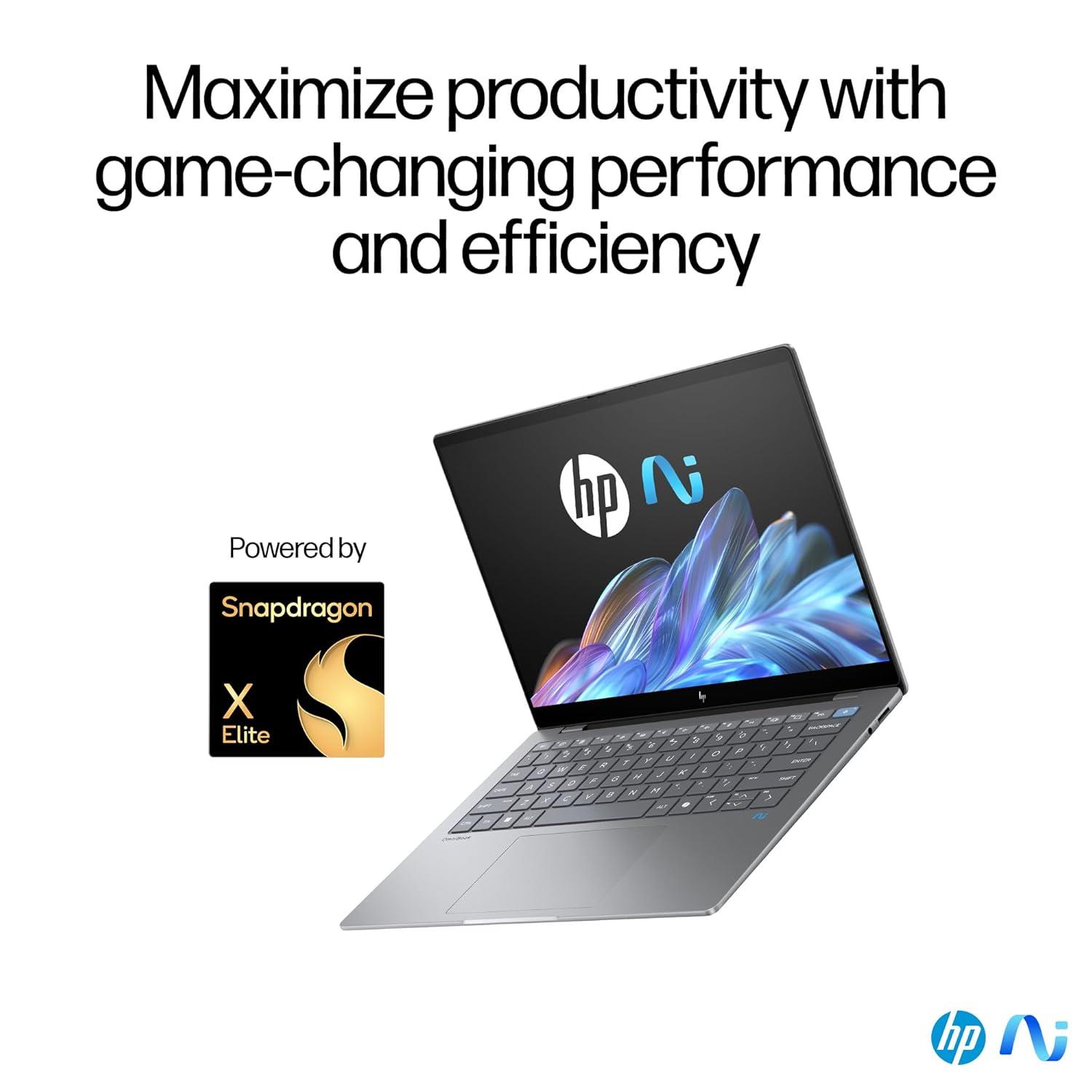 Omnibook X,HP Omnibook X Laptop 14-Fe0121qu,A99B8PA,Snapdragon® X Elite X1E-78-100 (Up To 3.4 Ghz, 12 Cores) Next Gen AI PC,16 GB,Lpddr5x-8448 MT/S (Onboard),1 TB SSD,Qualcomm,Adreno, GPU,Next Gen Windows, Copilot + Microsoft Home And Student Edition 2021,On Device AI Processing With 45 TOPS, Longest Battery Life With Upto 26 Hours*, 5 MP Auto Switch HDR Camera, Audio By Polystudio, Polycamera Pro App With AI Enhancements, Real Time Translations During Video Calls, Thin And Light (1.35Kg), Windows Studio Effect,And ,AI,Companion,14" Diagonal, 2.2K (2240 X 1400), Multitouch-Enabled, IPS, Edge-To-Edge Glass, Micro-Edge, Corning® Gorilla® Glass NBT™, Low Blue Light, 300,Nits, Low Power, 100% Srgb, Eyesafe Certified,Meteor Silver,Premium Care ,International Warranty In Select Countries , 1 Year Onsite Warranty