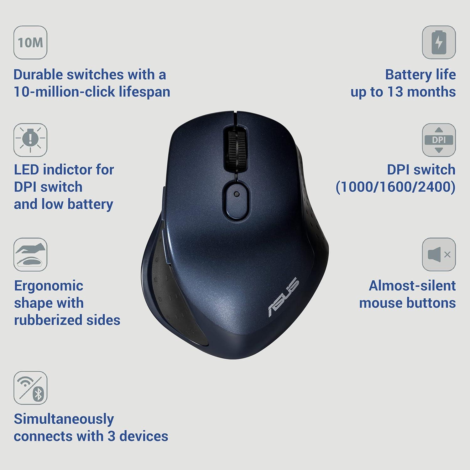 ASUS MW203 Multi-Device Wireless Silent Mouse, 2.4Ghz With USB Nano Receiver, 2400 DPI Optical Tracking, 6 Buttons, Compatible With PC/Laptop - Blue (MW203 (Blue))