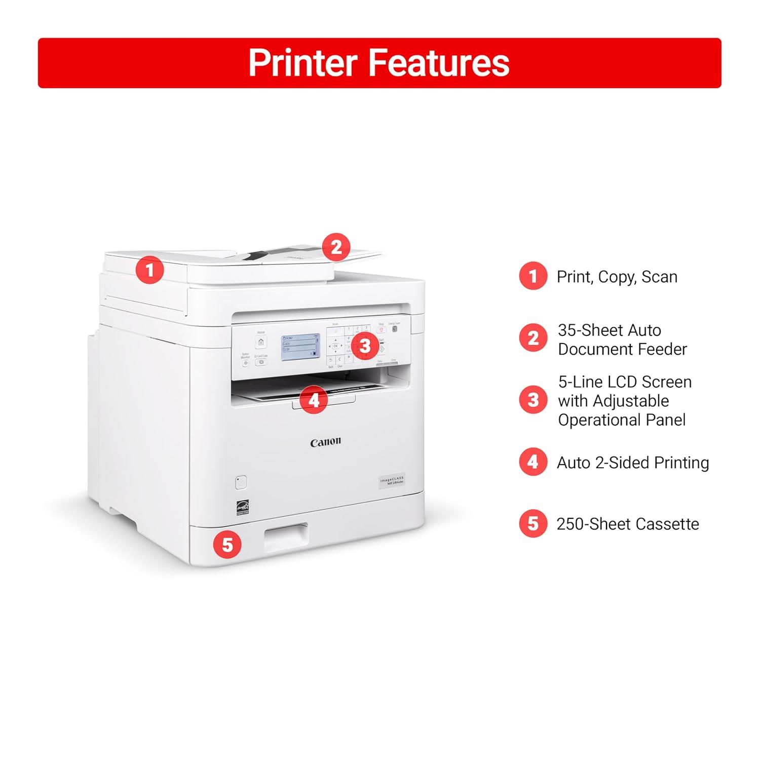 Canon Imageclass Mf284dw - Monochrome, Duplex, Wireless Laser Printer, Multifunction With Print, Copy, Scan, Auto Document Feeder, 1 Year Limited Warranty, 35 PPM, White