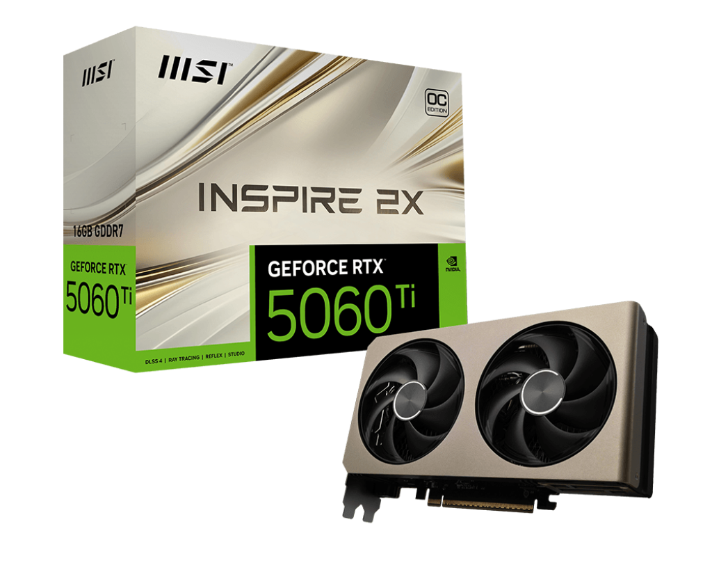 MSI Geforce RTX 5060 Ti 16G Inspire 2X OC Graphic Card - NVIDIA Geforce RTX 5060 Ti GPU, 16GB GDDR7 128-Bit Memory, 28 Gbps, PCI Express Gen 5 X16 Interface, Upto 2617 Mhz, STORMFORCE Fan