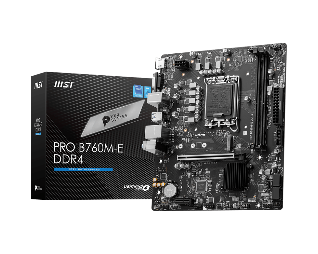 MSI PRO B760M-E DDR4 Motherboard, Micro-ATX - Supports Intel 14Th, 13Th & 12Th Gen Core Processors, LGA 1700 - DDR4 Memory Boost 4800+Mhz/OC, Pcie 4.0 X16 Slot, M.2 Gen4 Slot