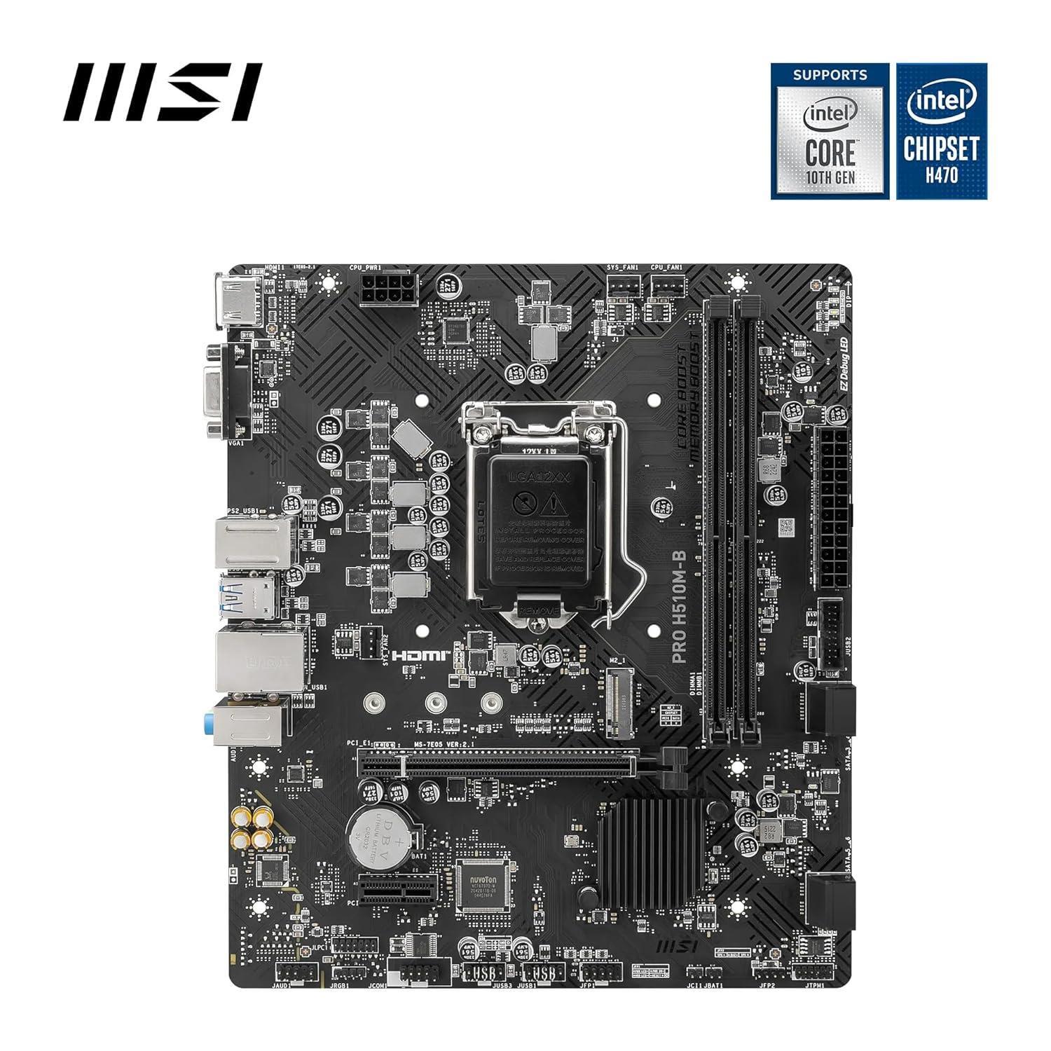 MSI PRO H510M-B Motherboard, Micro-ATX - Supports Intel Core 10Th Gen Processors, LGA 1200-2 X Dimms, 1 X Pcie 3.0 X16, USB 3.2 Gen1, 1G LAN, HDMI 1.4