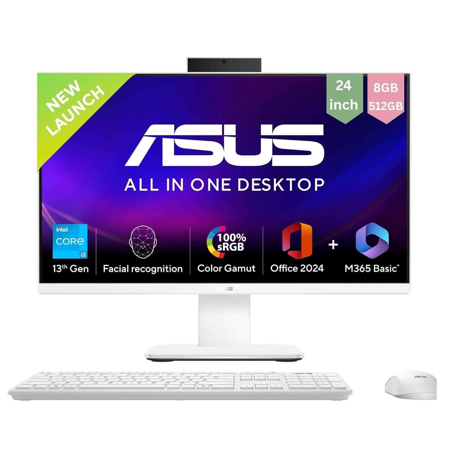 ASUS AIO, All In One PC, Intel Core I3-1315U (8GB/512GB/Intel Graphics/60.45 Cms (23.8) FHD/Windows 11 Home/Office Home 2024 + M365 Basic (1 Year Validity)*) A3402WVA-BPC001WS