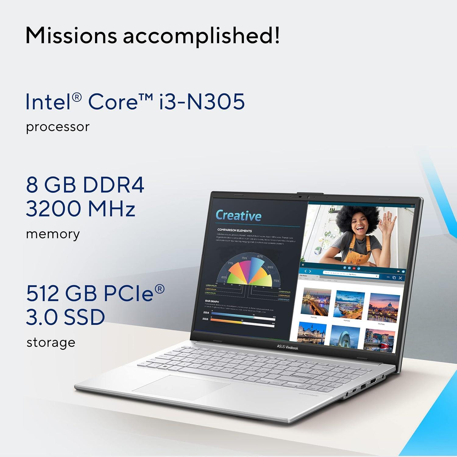 ASUS Vivobook Go 15, Student Laptop, Intel Core I3-N305 (8GB/512GB/Intel UHD Graphics/15.6 FHD/Windows 11 Home/Office Home 2024  M365 Basic (1 Year Validity) E1504GA-NJ3321WS
