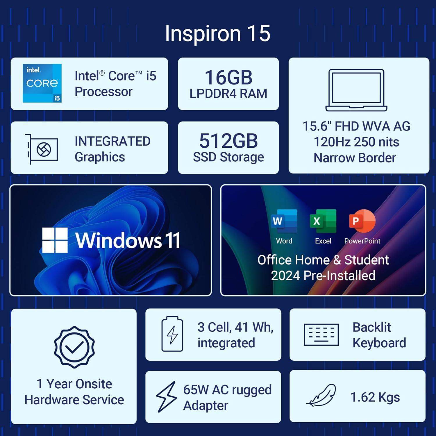 Dell Inspiron 3530 Laptop, 13Th Gen Intel Core I5-1334U Processor, 16GB DDR4, 512GB SSD, 15.6"(39.62Cm) FHD 120Hz 250 Nits, Backlit KB, Win 11 + Mso