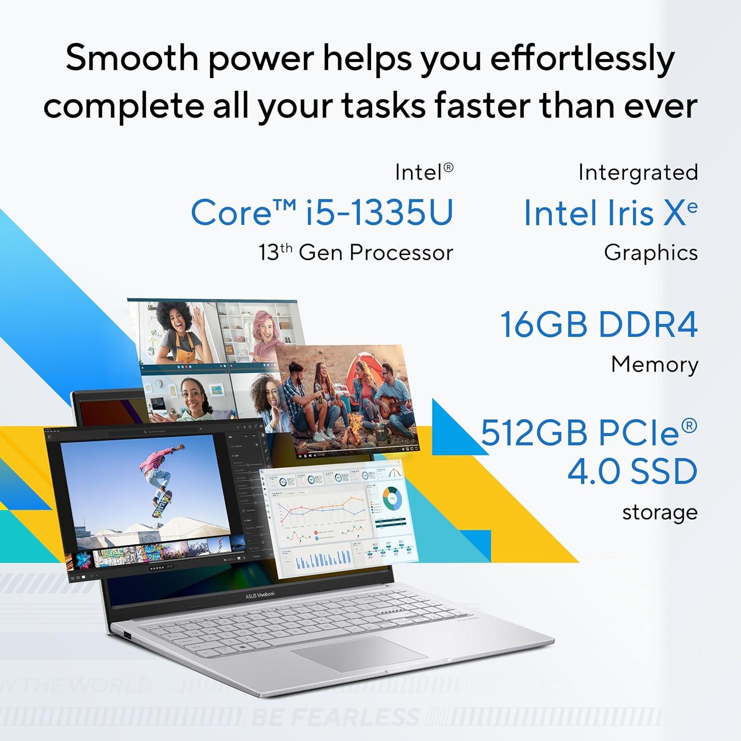 ASUS Vivobook 15, Light Weight Laptop, Intel Core I5-1335U (16GB/512GB/Intel Iris Xe Graphics/15.6" FHD/Windows 11 Home) X1504VA-NJ540WS